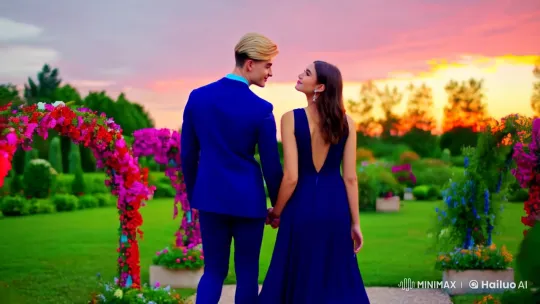 Romantic Stroll in Colorful Garden with Sunset Backdrop – AI Generated Video | Hailuo AI