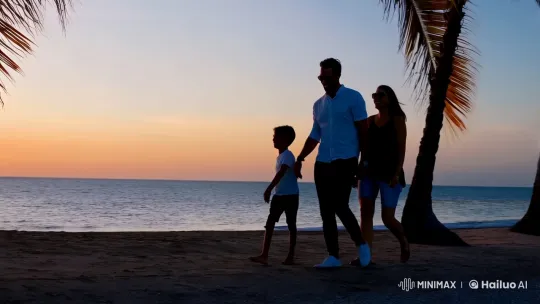 Family Walks on Beach as Sunset Frames Unity – AI Generated Video | Hailuo AI