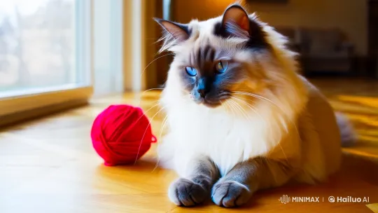 Joyful Ragdoll Cat Plays with Yarn in Cozy Light – AI Generated Video | Hailuo AI