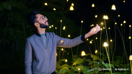 Enchanted Firefly Garden: Man's Joyful Encounter – AI Generated Video | Hailuo AI