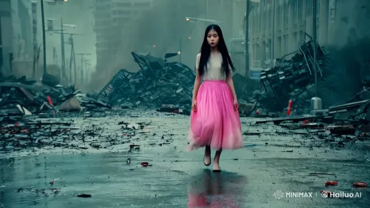 Asian Girl in Pink Skirt Walks Through Post-Apocalyptic Cityscape – AI Generated Video | Hailuo AI