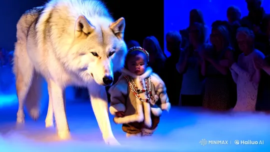 Baby and Wolf Stroll in Enchanting Runway Scene – AI Generated Video | Hailuo AI