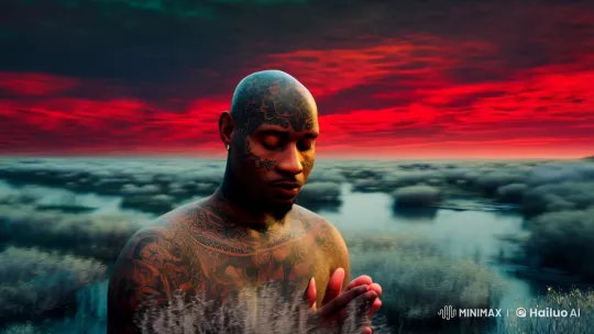 Bald, Tattooed Man Prays and Levitates in Surreal Bayou – AI Generated Video | Hailuo AI