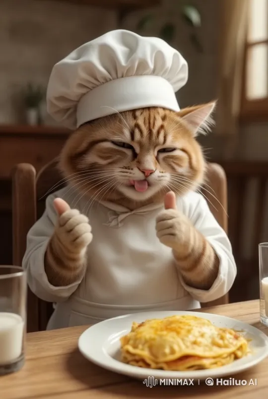 Chef Cat Delights in Cozy Kitchen with Lasagna – AI Generated Video | Hailuo AI