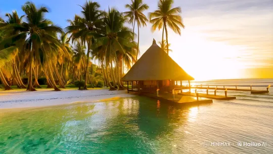Tropical Paradise: Thatched Hut Amidst Serene Landscape – AI Generated Video | Hailuo AI