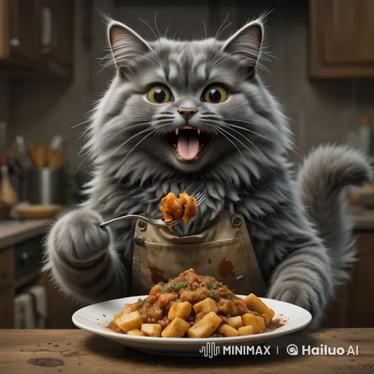 Fluffy Cat Enjoys Pasta in Cozy Kitchen Setting – AI Generated Video | Hailuo AI