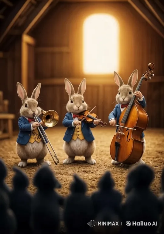 Bunny Trio Celebrates New Year with Jazz in Cozy Attic – AI Generated Video | Hailuo AI