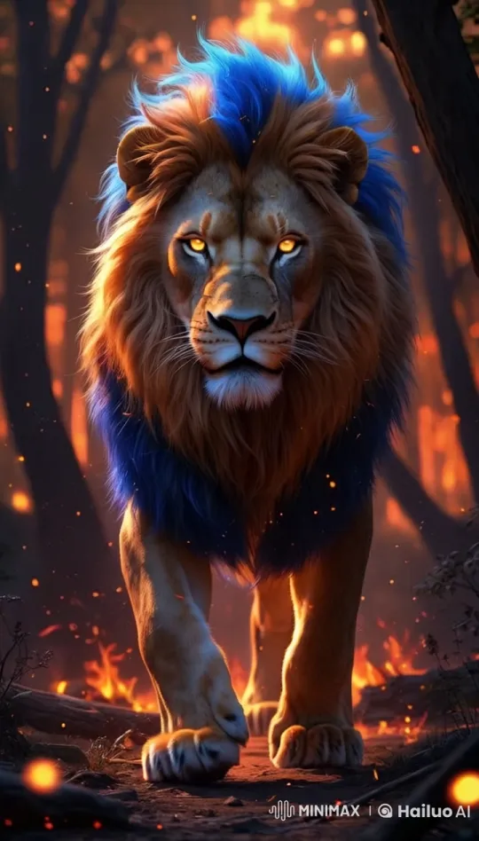 Majestic Lion Walks Through Burning Forest – AI Generated Video | Hailuo AI