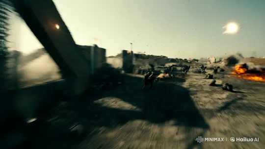 Intense Battlefield POV: Dynamic, Chaotic Action Tracking Shot – AI Generated Video | Hailuo AI