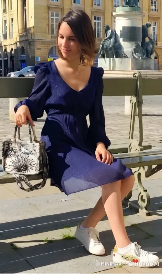 Woman on Bench in Sunny Plaza with Historic Background – AI Generated Video | Hailuo AI