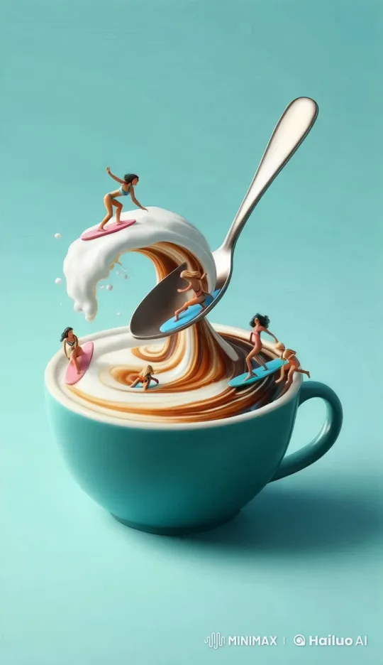 Tiny Surfers Ride Waves in a Coffee Cup Adventure – AI Generated Video | Hailuo AI