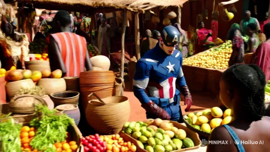 Captain America in Vibrant African Marketplace – AI Generated Video | Hailuo AI