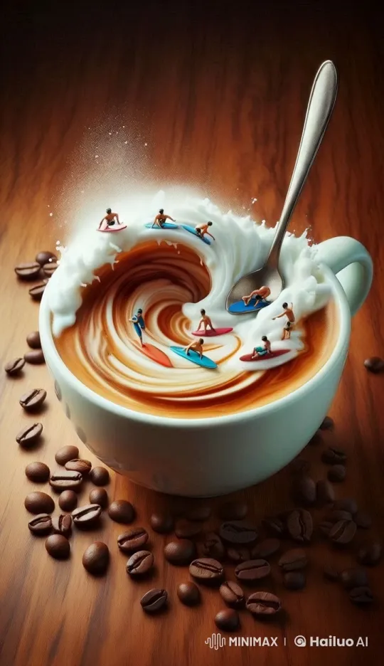 Tiny Surfers Ride Waves in a Coffee Cup – AI Generated Video | Hailuo AI