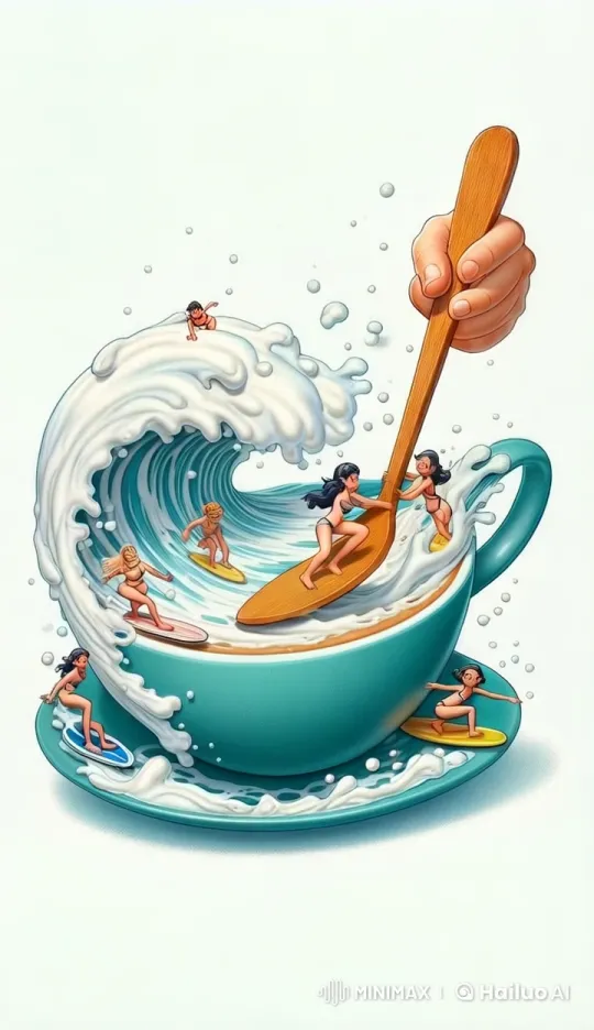 Tiny Surfers Ride Waves in a Giant Coffee Cup – AI Generated Video | Hailuo AI