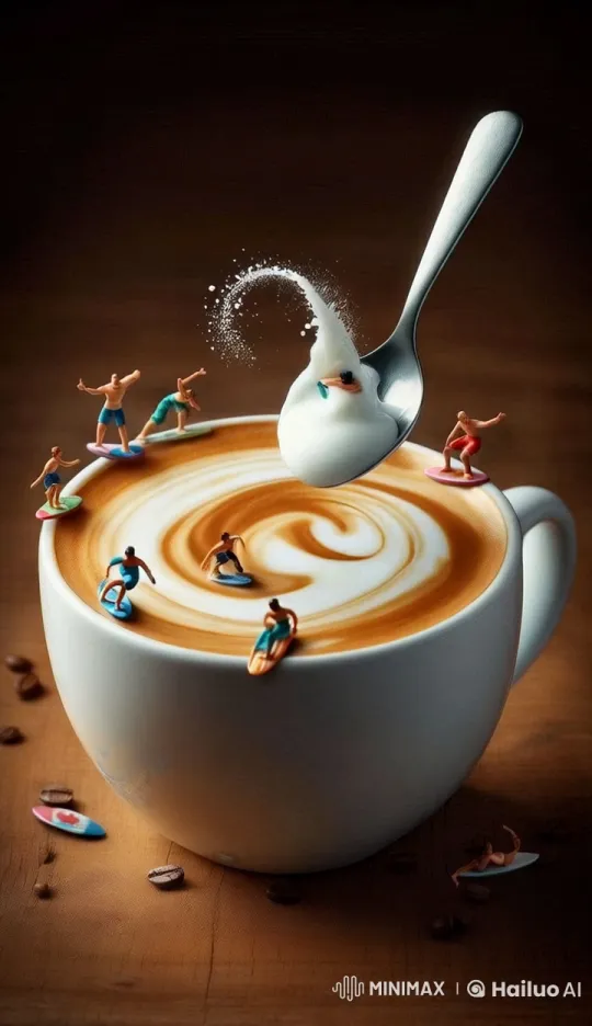 Tiny Surfers Ride Waves in Giant's Coffee World – AI Generated Video | Hailuo AI
