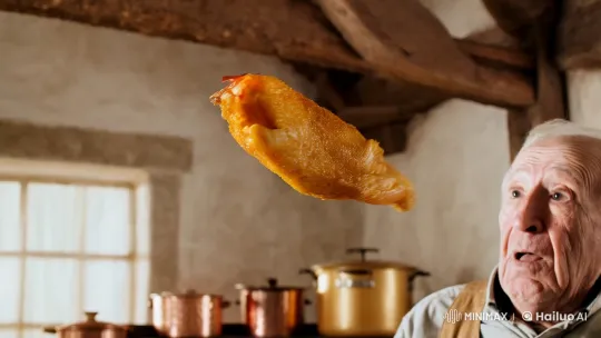 Aging Farmer Amused by Dancing Chicken Wing in Rustic Kitchen – AI Generated Video | Hailuo AI