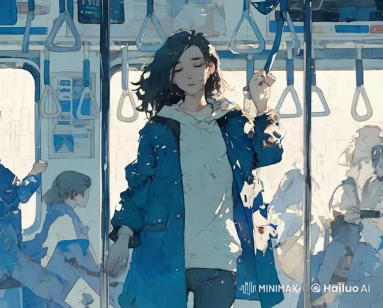 Peaceful Commute: Blue Coat Passenger on Live2D Train – AI Generated Video | Hailuo AI