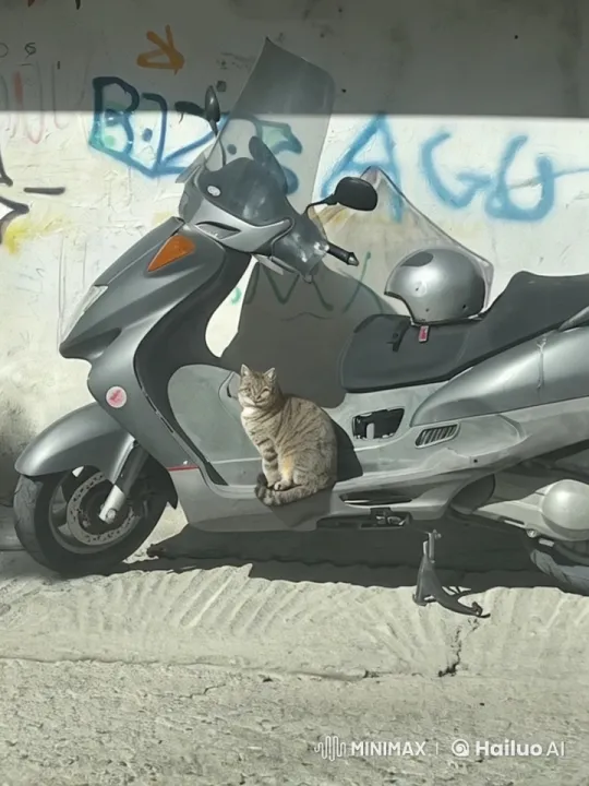 Tabby Cat Rides Scooter, Performs Wheelie in Graffiti City – AI Generated Video | Hailuo AI