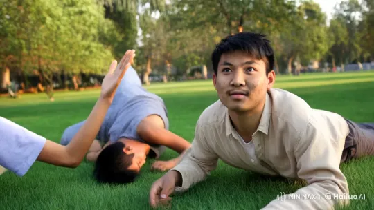 Three Friends Attempt Complex Yoga Pose in Park – AI Generated Video | Hailuo AI