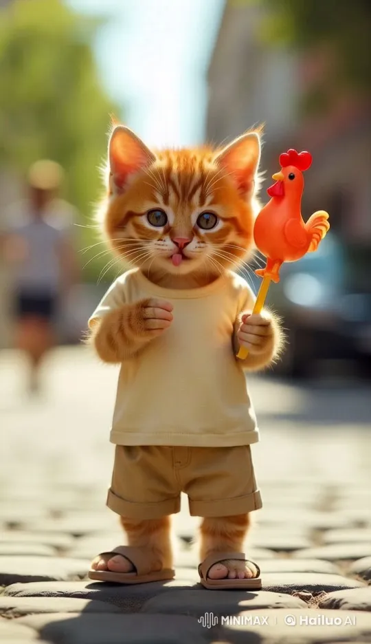 Cute Kitten Enjoying Candy Cockerel on Sunny Summer Walk – AI Generated Video | Hailuo AI