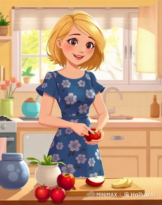Mother Slices Apple in Cozy Kitchen with Warm Sunlight – AI Generated Video | Hailuo AI