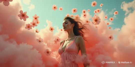 Woman in Pink Dreamscape with Floating Flowers – AI Generated Video | Hailuo AI