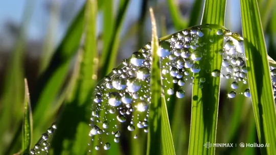 Glittering Dewdrops on Swaying Grass Blades – AI Generated Video | Hailuo AI