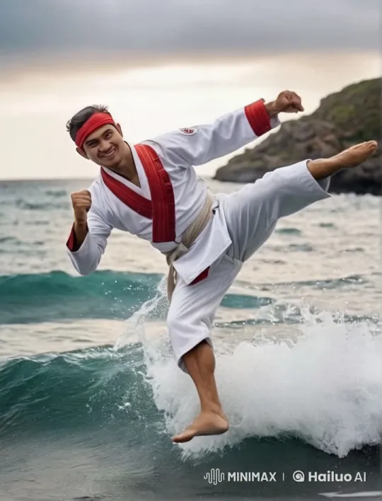 Martial Artist Glides Over Waves in Serene Display – AI Generated Video | Hailuo AI