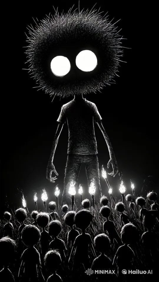 Surreal Confrontation: Giant Faceless Boy vs. Torches-Wielding Peasants – AI Generated Video | Hailuo AI