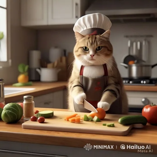 Cat Chef Prepares Veggie Meal in Modern Kitchen – AI Generated Video | Hailuo AI
