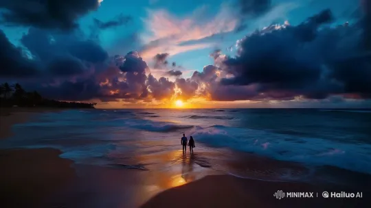 Dawn Serenity: Couple's Tranquil Beach Moment – AI Generated Video | Hailuo AI