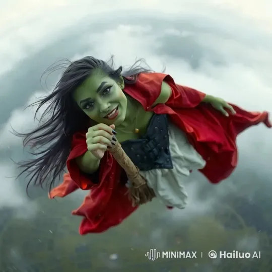 Woman in Red Cloak Flies Through Cloudy Sky – AI Generated Video | Hailuo AI