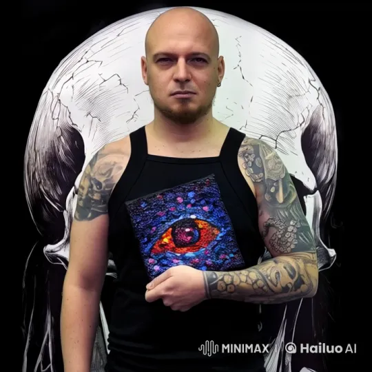 Tattooed Arm Live2D Video with Animated Eye and Skull Background – AI Generated Video | Hailuo AI