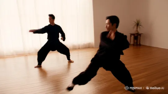 Elegant Kungfu Fight in Minimalist Dojo – AI Generated Video | Hailuo AI