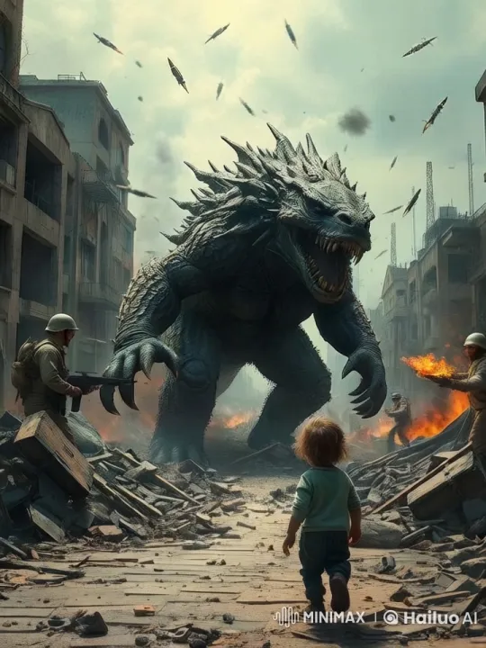 Child Witnesses City Battle Against Rampaging Monster – AI Generated Video | Hailuo AI