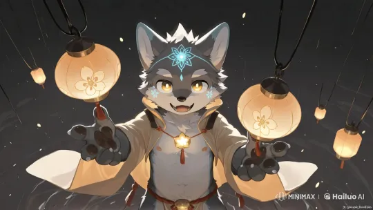 Cheerful Wolf Welcomes with Lanterns in Animated Live2D Video – AI Generated Video | Hailuo AI