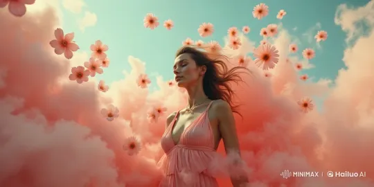 Enchanted Realm: Woman in Pink Amidst Dreamy Clouds – AI Generated Video | Hailuo AI
