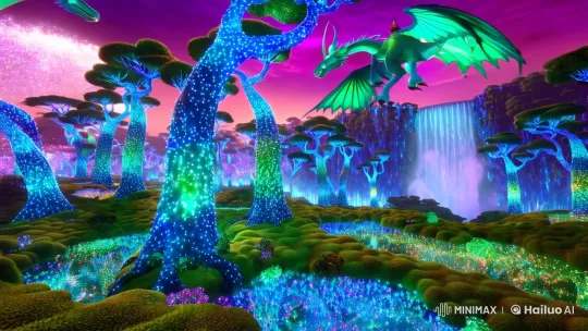 Twilight Enchantment: A Magical Flight Over Bioluminescent Forests and Crystal Waterfalls – AI Generated Video | Hailuo AI