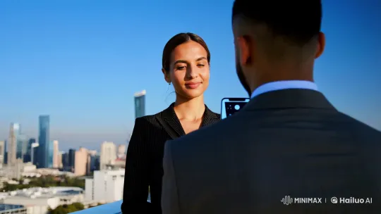 Urban Professional Engages with AI Amidst Cityscape – AI Generated Video | Hailuo AI