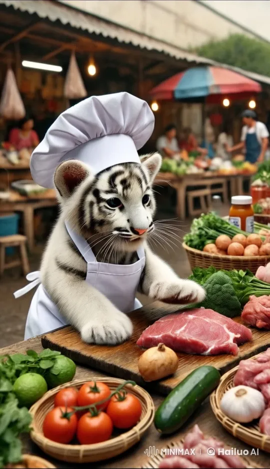 Realistic Baby Tiger Chef Walks Through Animated Market – AI Generated Video | Hailuo AI