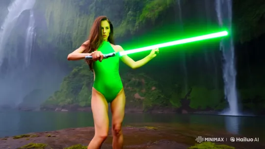 Sexy Woman Practices Lightsaber Combat in Lush Nature – AI Generated Video | Hailuo AI