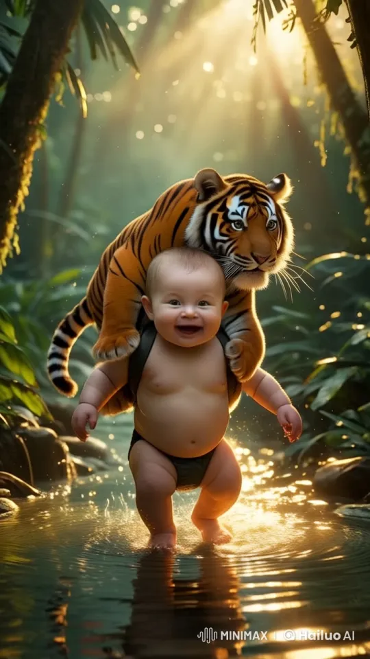 Joyful Toddler and Tiger Cub in Live2D Jungle Adventure – AI Generated Video | Hailuo AI