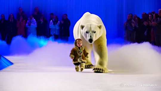 Inuit Baby Walks with Polar Bear on Runway – AI Generated Video | Hailuo AI