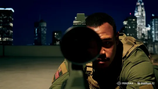 Urban Sniper: Precision Shot in Dim Night Skyline – AI Generated Video | Hailuo AI