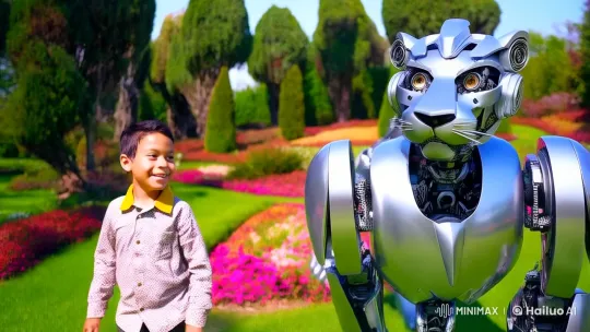 Boy and Robotic Tiger Stroll Through Lush Garden – AI Generated Video | Hailuo AI