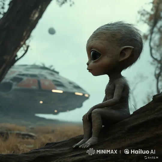 Alien Creature in Mystical Forest with Hovering Spaceship – AI Generated Video | Hailuo AI