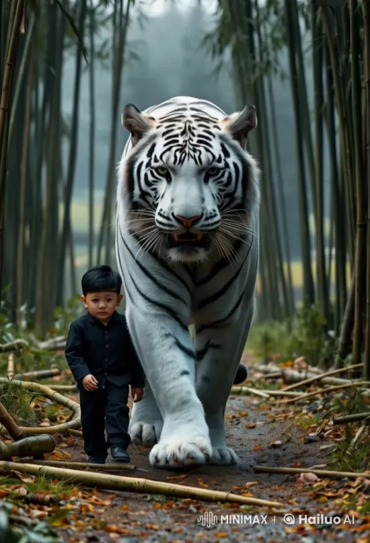 Child and White Tiger Walk Through Bamboo Forest – AI Generated Video | Hailuo AI