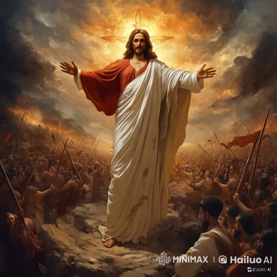Jesus Christ Walks Through a Tumultuous Crowd Amid Fiery Sky – AI Generated Video | Hailuo AI