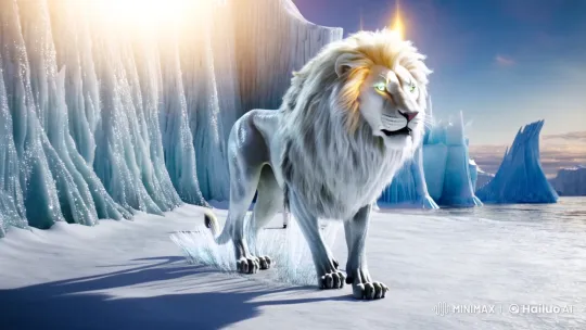 Glacier Lion: Mythical Creature in Icy Realm with Companion – AI Generated Video | Hailuo AI