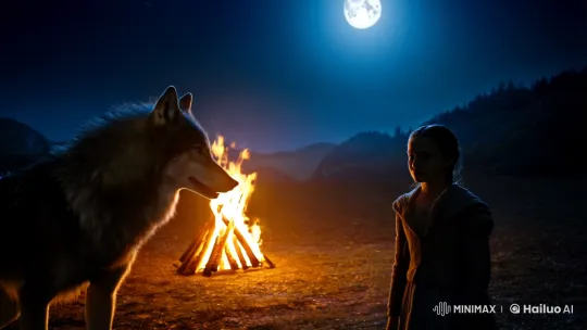 Nocturnal Harmony: Wolf, Girl, and Moonlit Dance – AI Generated Video | Hailuo AI